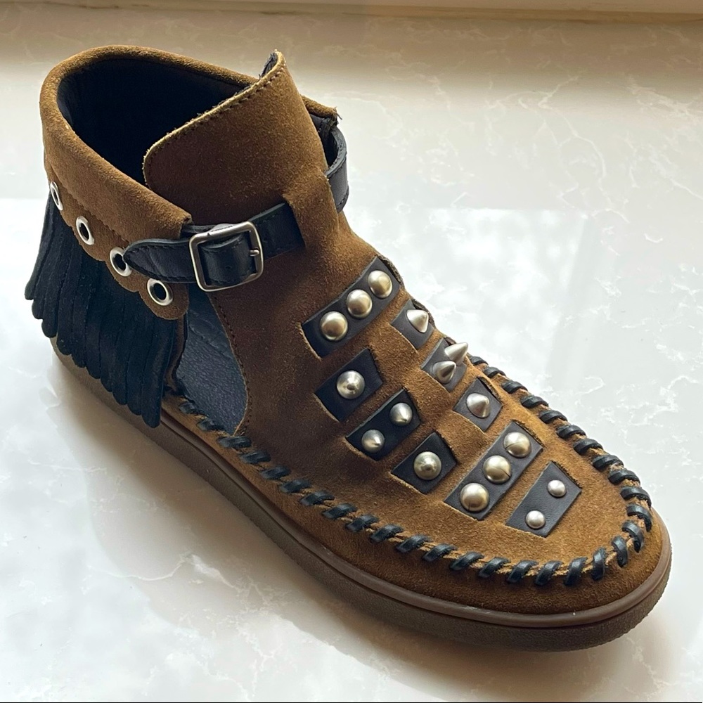 Coach Roccasin Cut Out Sneaker Studs Suede Leather Fringe Buckle Moccasin Loafer